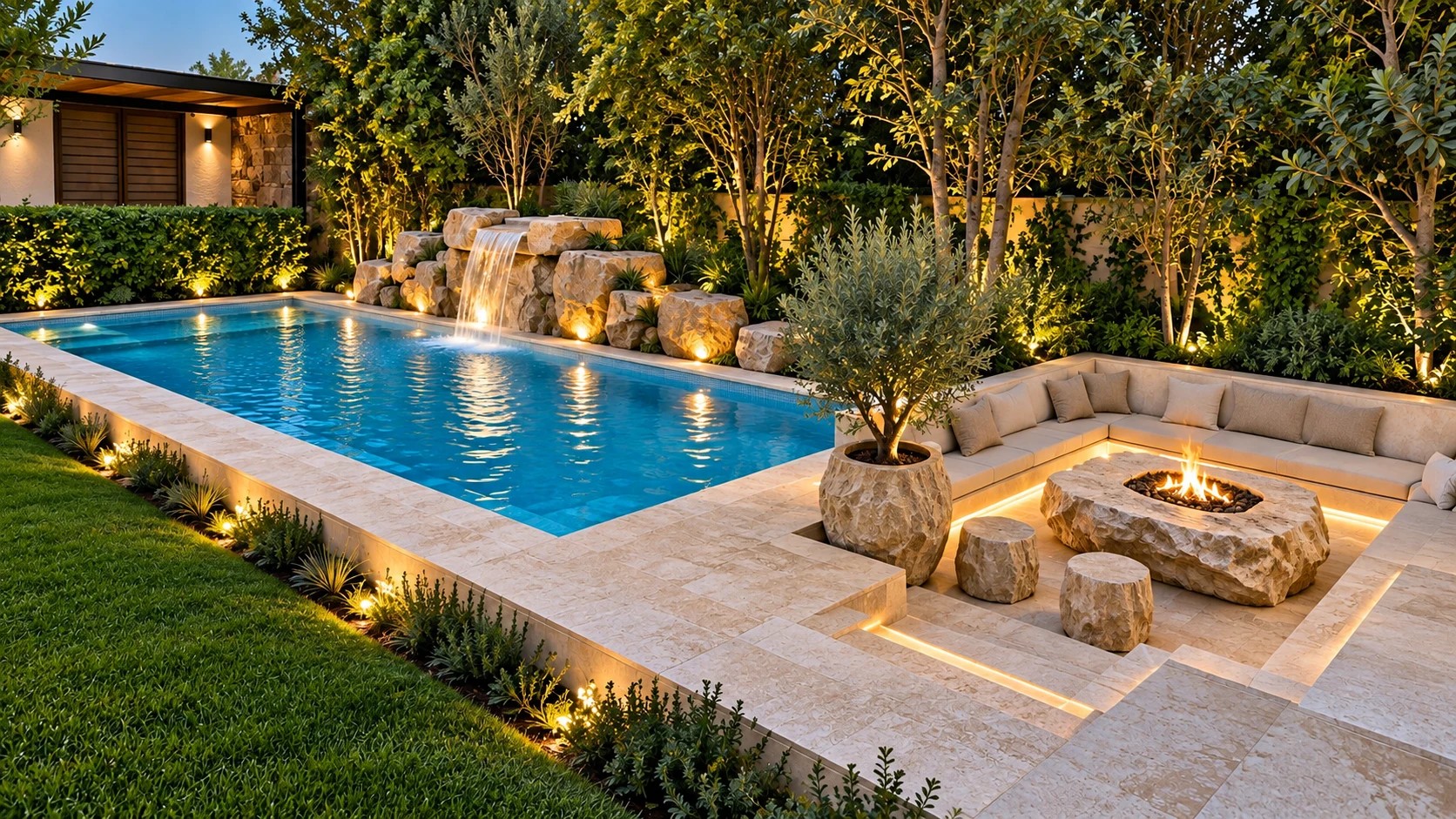 Piscina de lujo con cascada de piedra, fogata y zona de estar en un jardín iluminado al atardecer