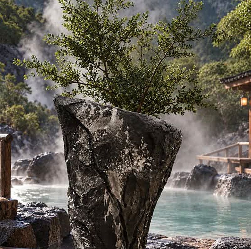 Maceta de piedra falsa junto a termas naturales
